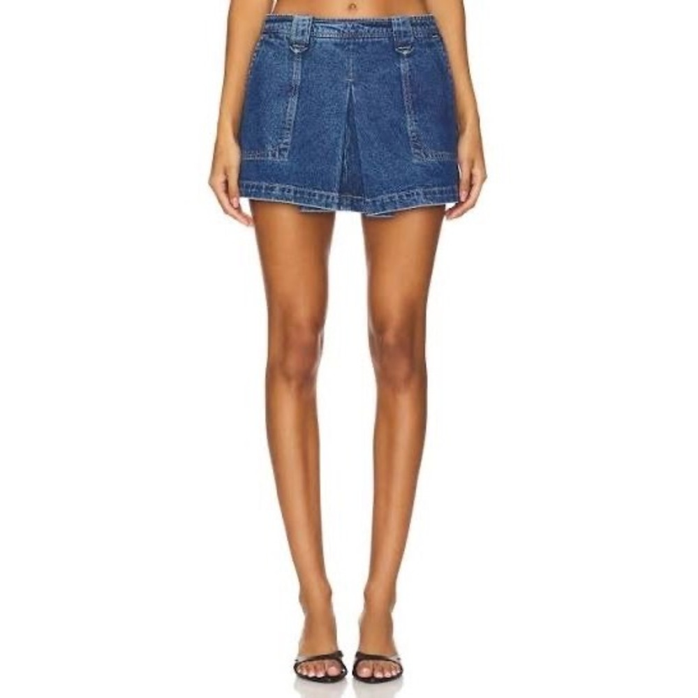 GRLFRND Ivy Denim Pleated Mini Skort Big Sur Medium Wash Blue Size 24